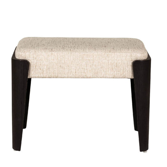 Stool with beige cushioned seat and dark wooden legs on a white background