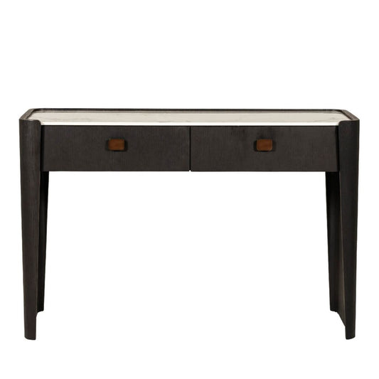 Brown dressing table with two drawers on a white background