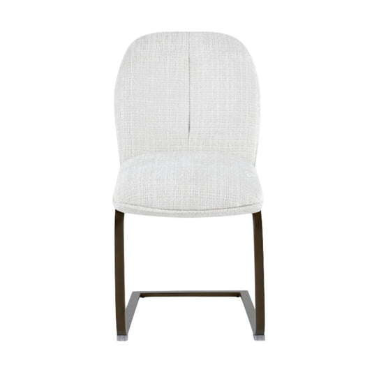 White upholstered chair with brown metal legs on a white background