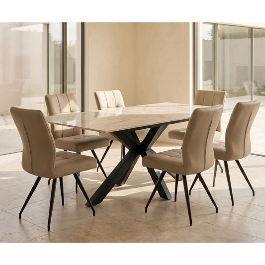 Dining set with taupe pu seats an a taupe sintered stone top on a black x frame.