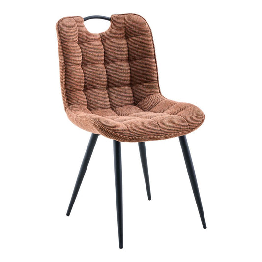 Rust cushioned chair with black legs on a white background