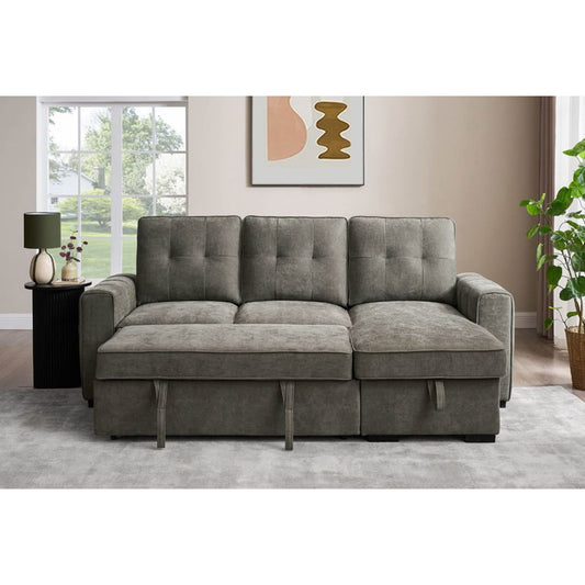 A grey sofa bed with an interchanged corner between LHF or RHF with built in storage.