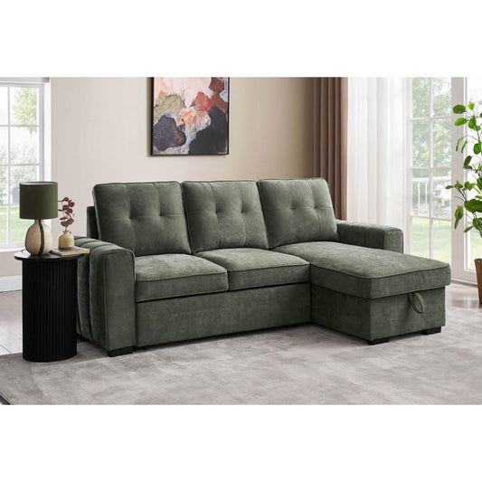 A beautiful sage green upholstered sofa bed with gorgeous pocket sprung seats