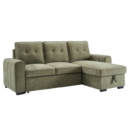 A corner sofa bed upholstered in textured sage green fabric, featuring a tufted backrest, wide armrests, and a interchangeable chaise lounge with built in storage.
