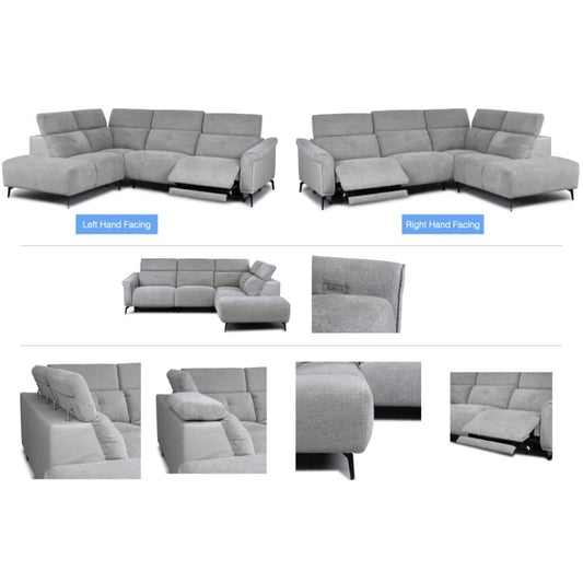 Gray sectional sofa with recliner feature shown from multiple angles on a white background.