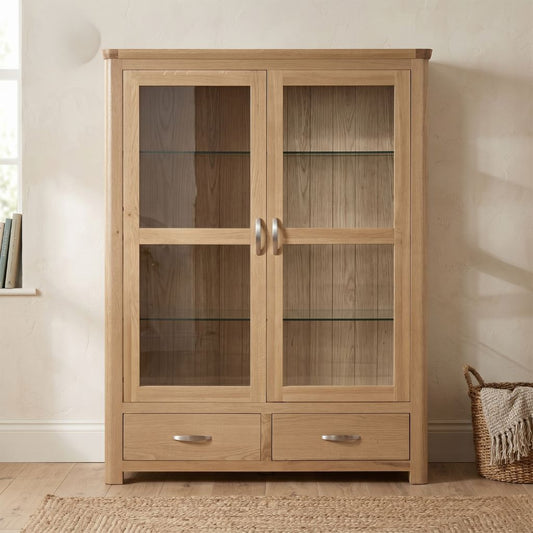 Low display cabinet with glass shelves and doors