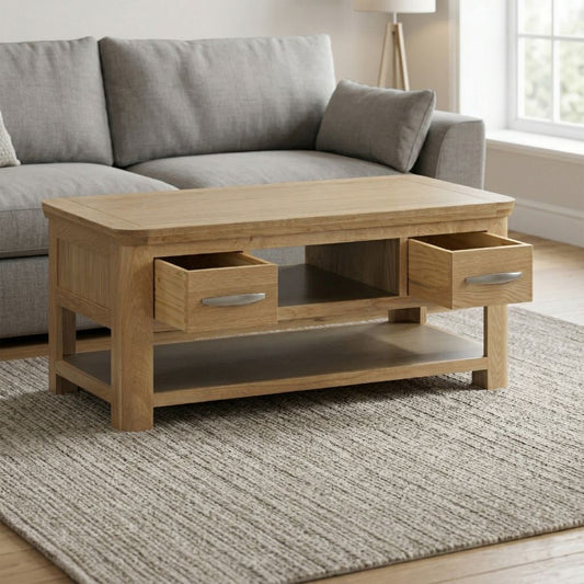 A light oak wood coffee table with two open drawers and a lower shelf