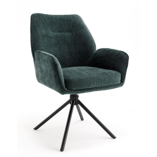 Green armchair with black metal legs on a white background