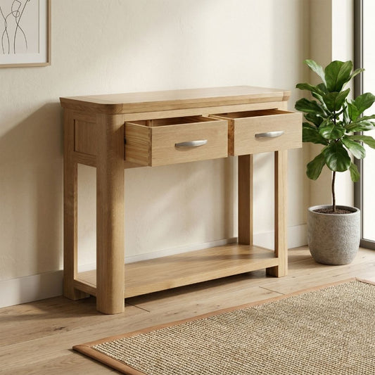 large oak console with two drawers featuring dovetail joints