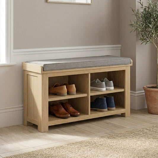Stylish oak shoe bench perfect for any entryway.