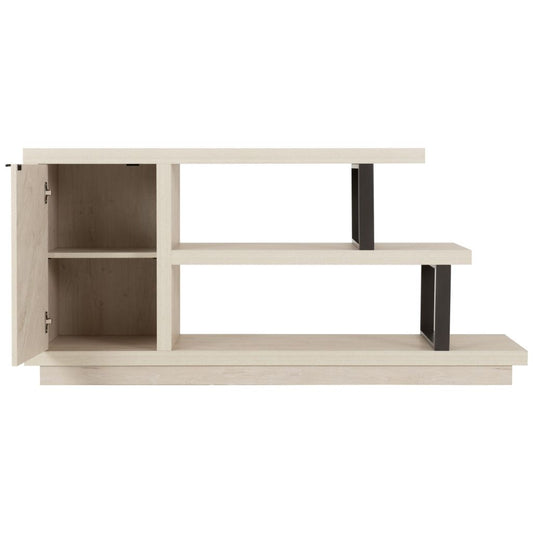 Wooden shelf with black metal legs on a white background