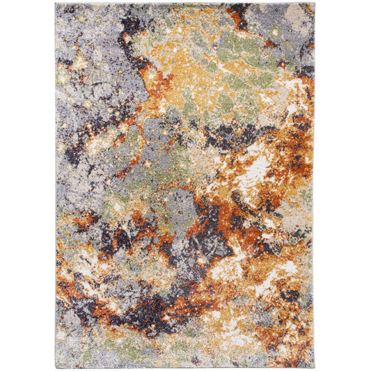 Multicolored area rug with abstract pattern on a white background