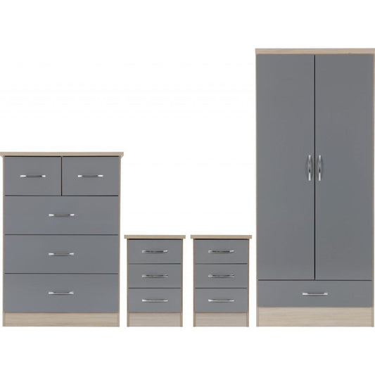 Wholesale Nevada Grey Gloss and Light Oak Effect 4 Piece Bedroom Furniture Set