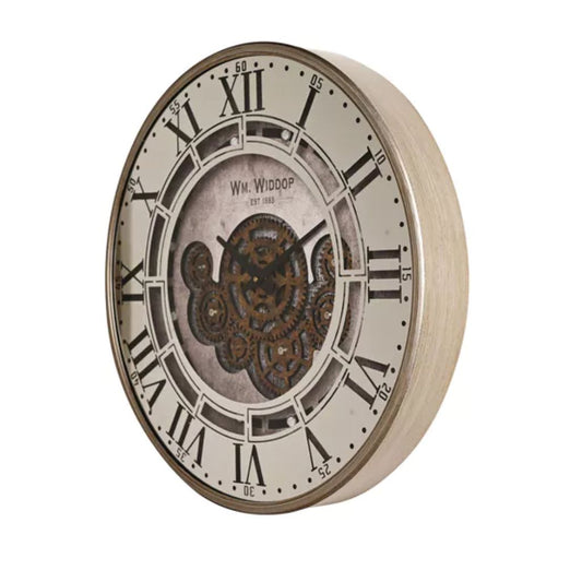 Decorative wall clock with Roman numerals and visible mechanism on a white background