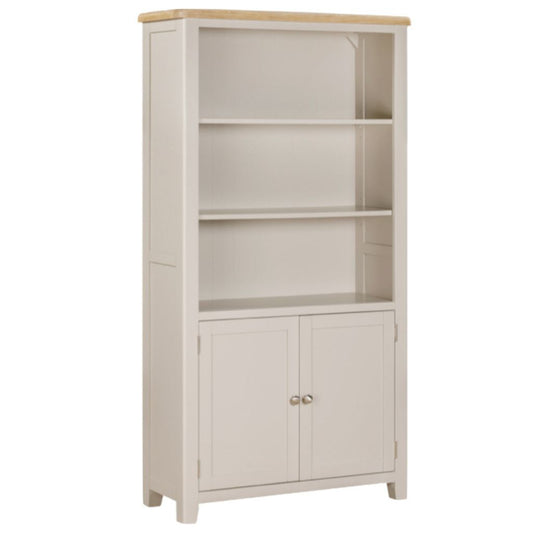 Grey bookshelf with wooden top on a white background
