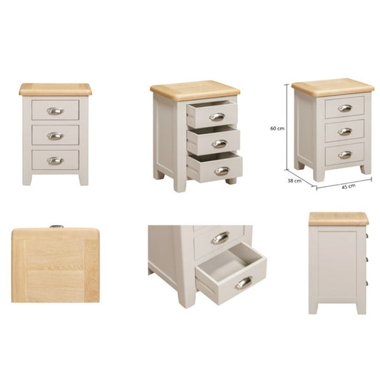 Set of grey bedside tables with wooden tops and dimensions displayed.