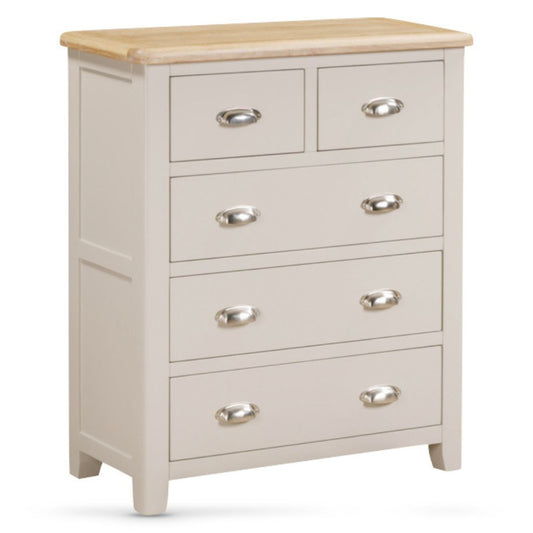 Grey dresser with wooden top on a white background