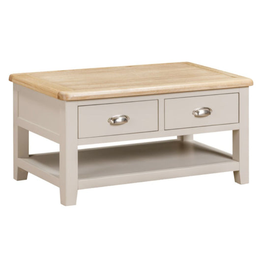 Coffee table with wooden top and grey base on a white background