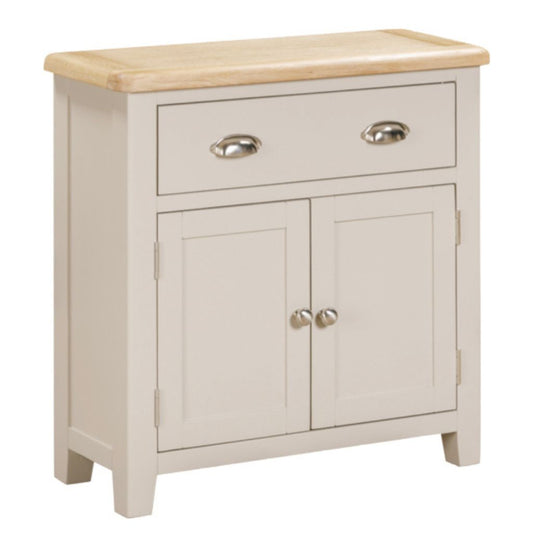 Light grey sideboard with wooden top on a white background