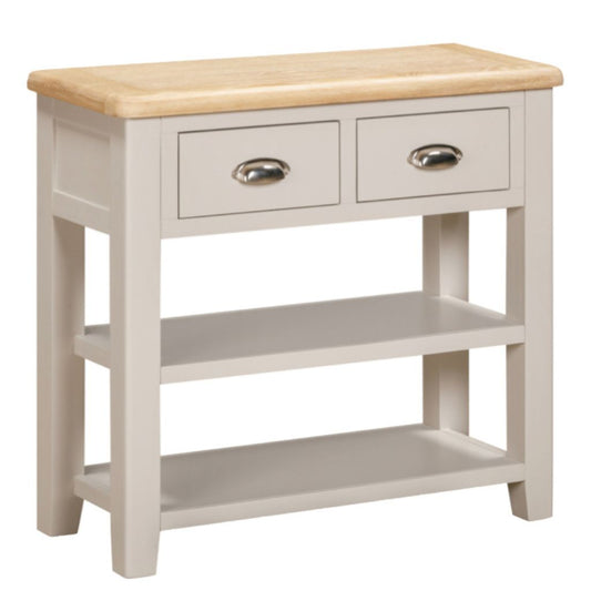 Hall table with a wooden top and two drawers on a white background