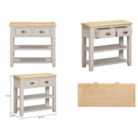 wooden console table with a light grey base and natural wood top, including dimensions.