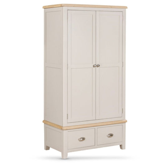 Grey wardrobe with wooden top and bottom on a white background