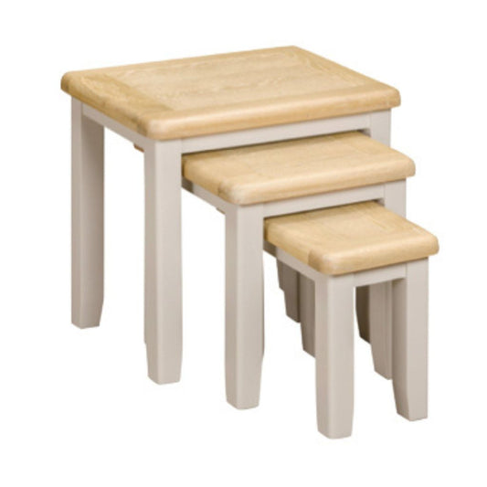 Grey nest of tables with wooden tops