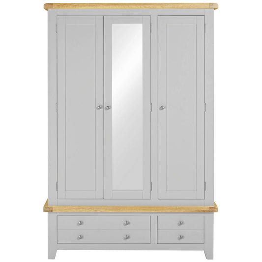 Grey wardrobe with wooden top and bottom on a white background