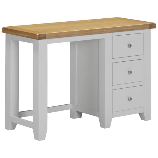Wooden desk with a light gray base and a wooden top on a white background