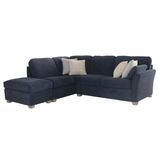 Navy blue sectional sofa with beige cushions on a white background