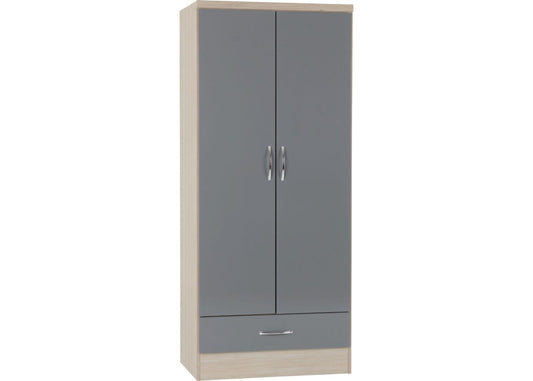 Nevada Grey Gloss and Light Oak Effect 2-Door 1-Drawer Wardrobe by Wholesale Beds & Furniture