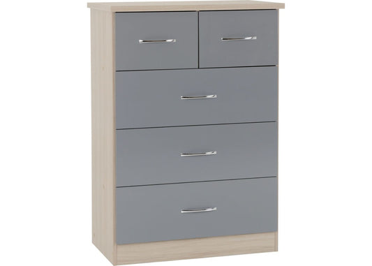 Modern wooden chest of drawers with grey front panels and silver handles.