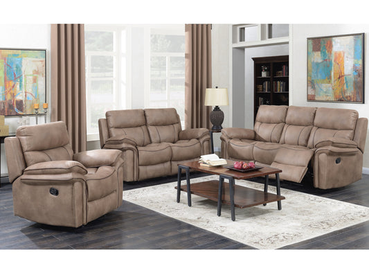 Beige reclining living room set including two-seater sofa