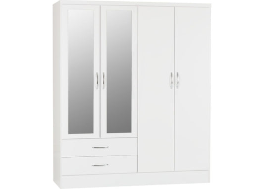 Nevada White Gloss 4-Door 2-Drawer Mirrored Wardrobe by Wholesale Beds & Furniture
