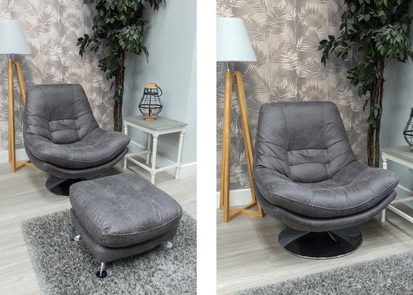 Modern grey swivel chair with matching pouffe.