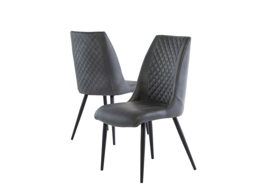 Modern grey dining chairs with quilted backrest and black legs.