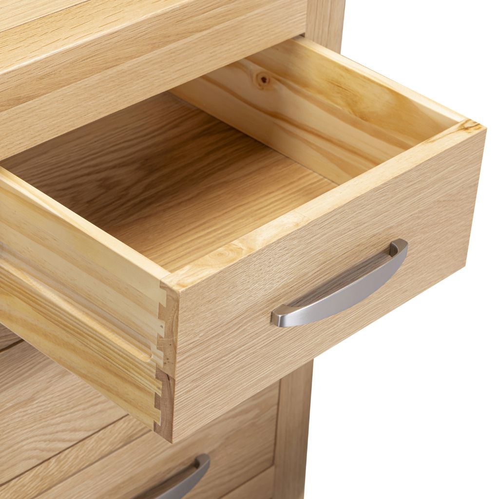 Close up showing the gorgeous craftmanship with dovetailed joints and silver handles on the drawers