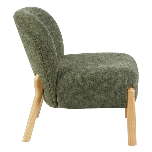 Green upholstered chair with wooden legs on a white background