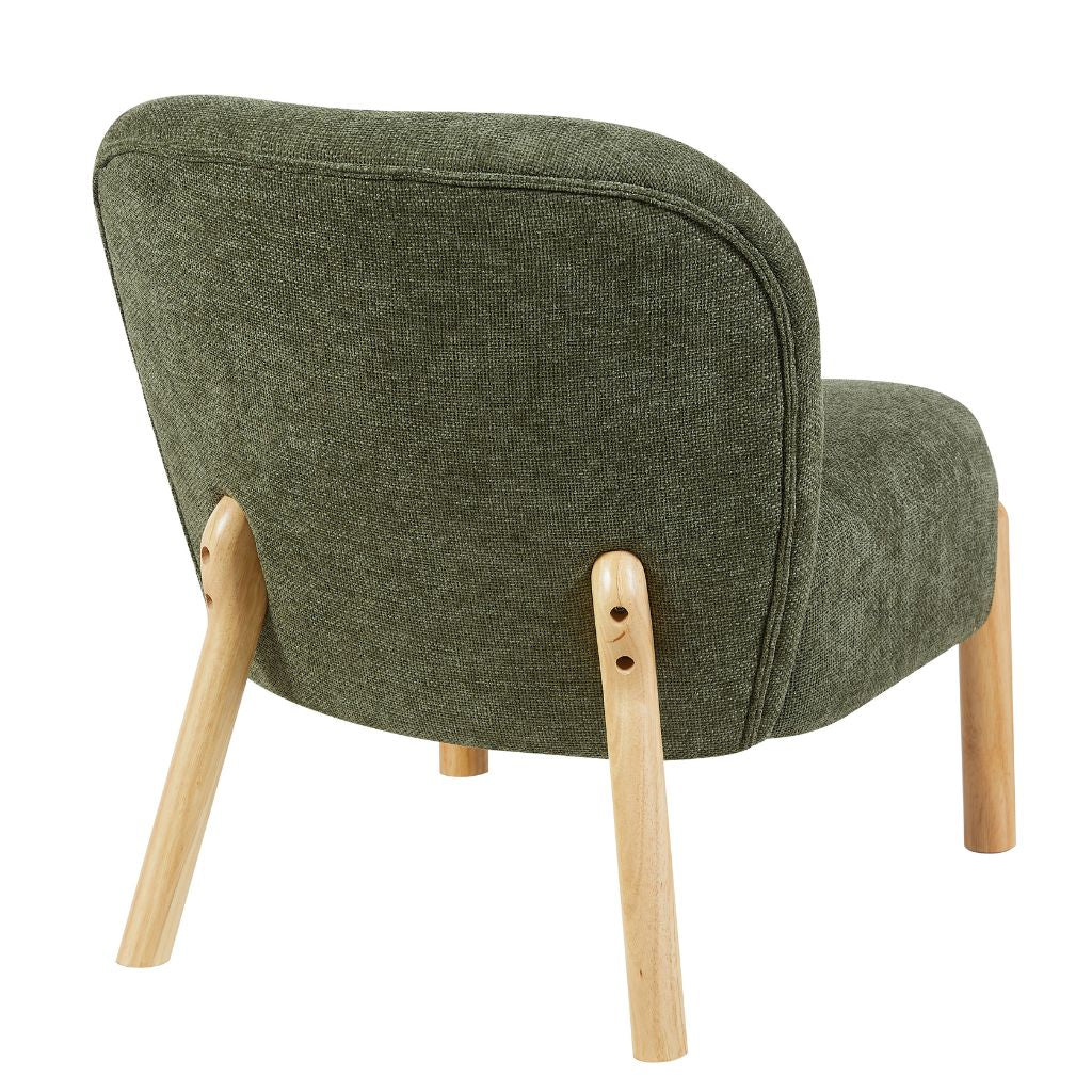 Green upholstered chair with wooden legs on a white background