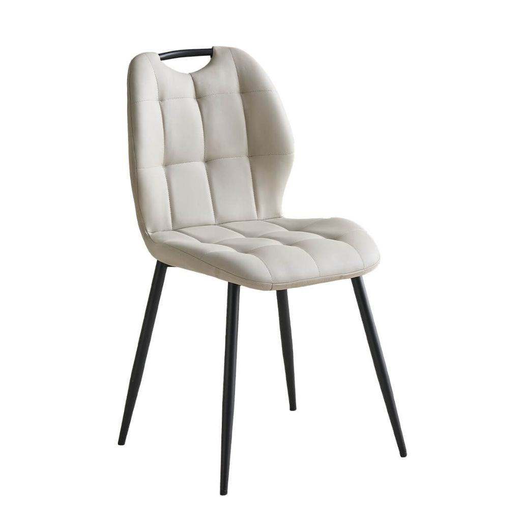 A modern dining chair with a taupe faux leather seat and backrest, supported by four slim black metal legs.