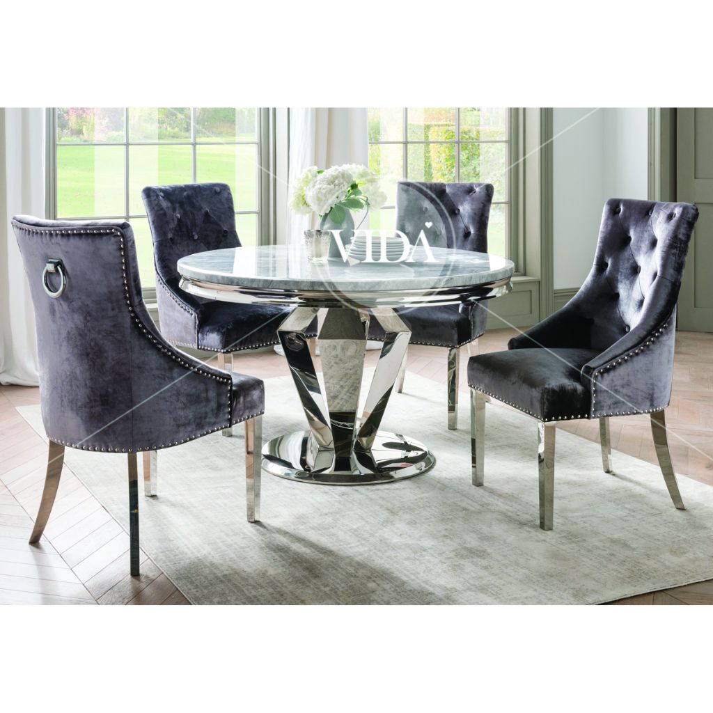 Arturo 1.3m Round Dining Table + 4 Belvedere Charcoal Dining Chairs by Vida Living