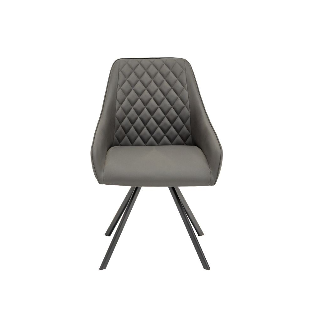 A modern grey upholstered dining chair with a diamond-quilted backrest and slim black metal legs.