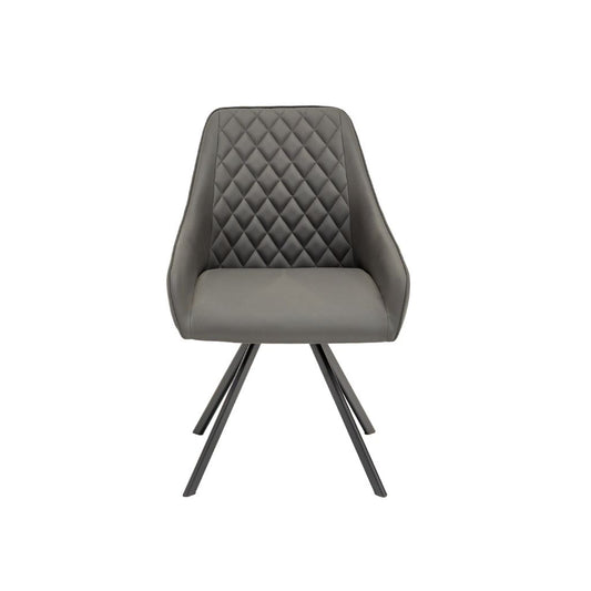 A modern grey upholstered dining chair with a diamond-quilted backrest and slim black metal legs.