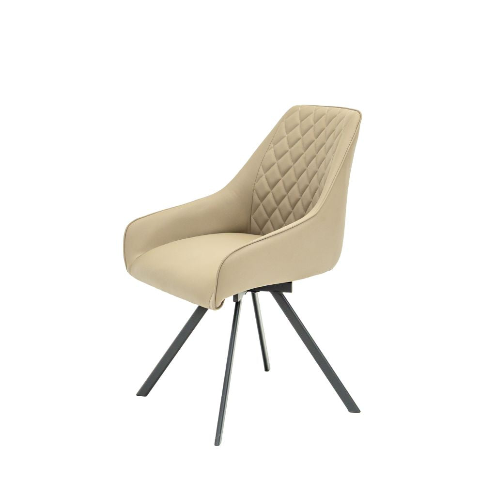 A modern dining chair with a beige quilted upholstered seat and backrest, supported by a black metal swivel base 