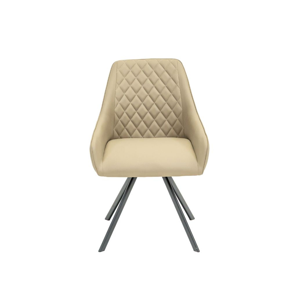 A modern dining chair with a beige quilted upholstered seat and backrest.