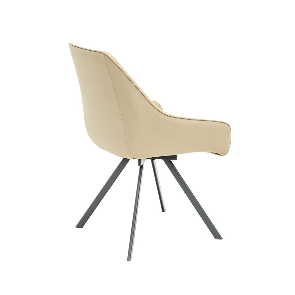 A modern dining chair with a taupe upholstered seat and a black metal swivel base.