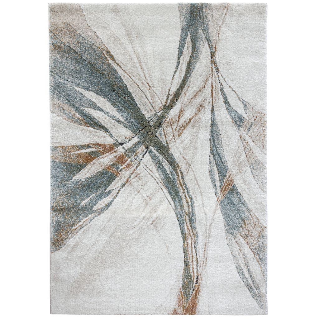 Abstract patterned rug with geometric design on a white background