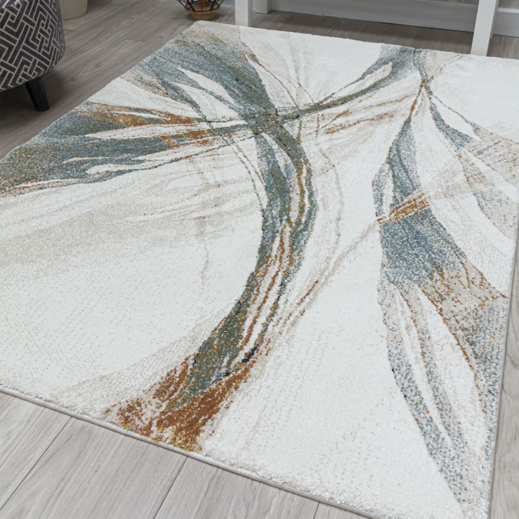 Decorative area rug with abstract design on a wooden floor