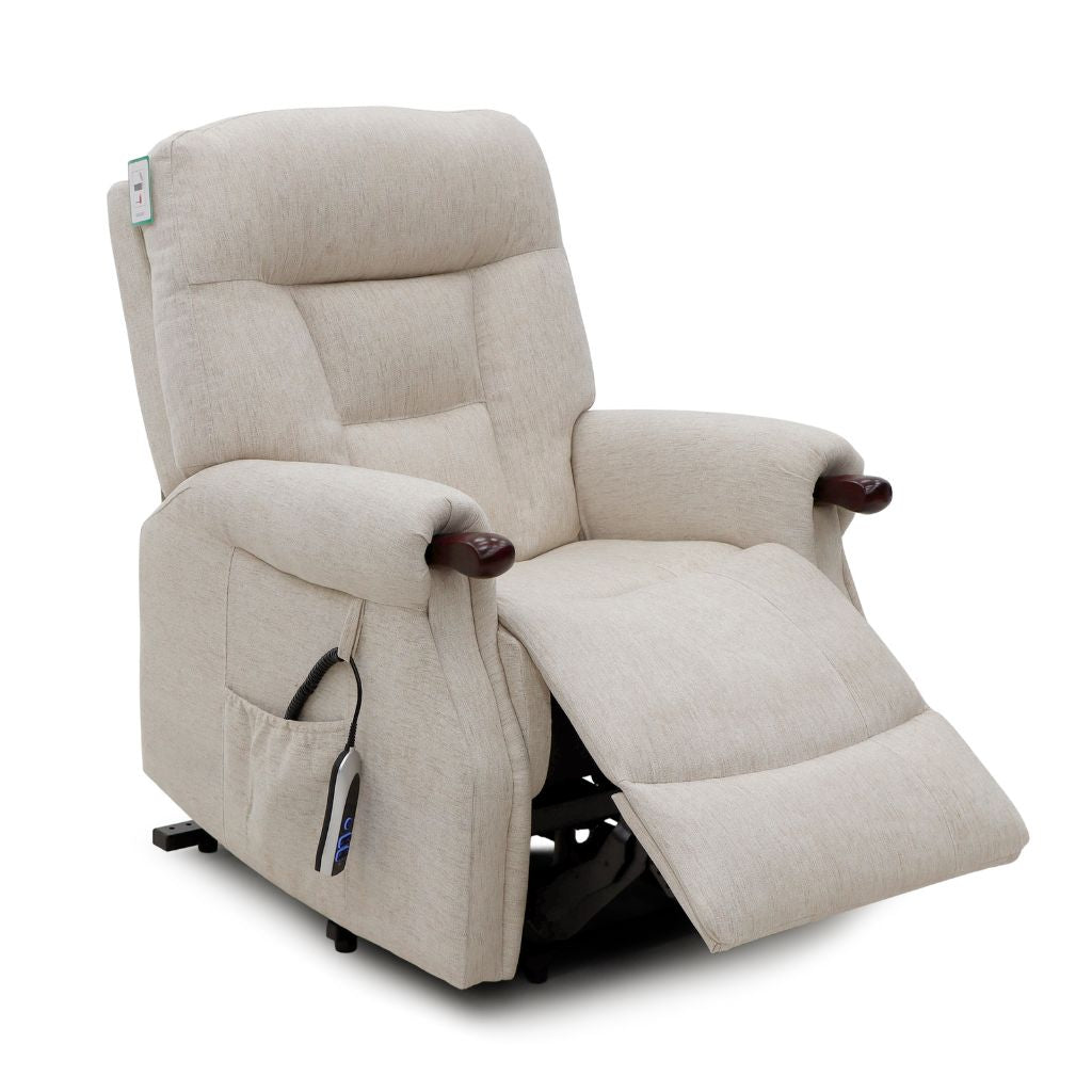 Beige recliner chair with wooden armrests on a white background