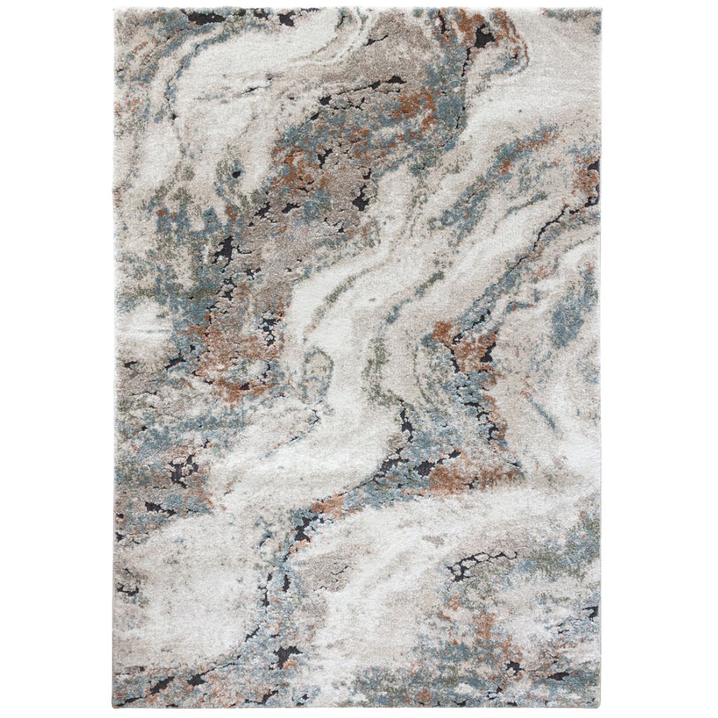 Marble-patterned rug with gray, white, and brown colors on a white background